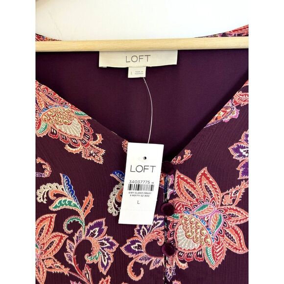 NWT LOFT Long Sleeve Maroon Floral Design Blouse Paisley Ruched Sleeves Sz L - Picture 7 of 7